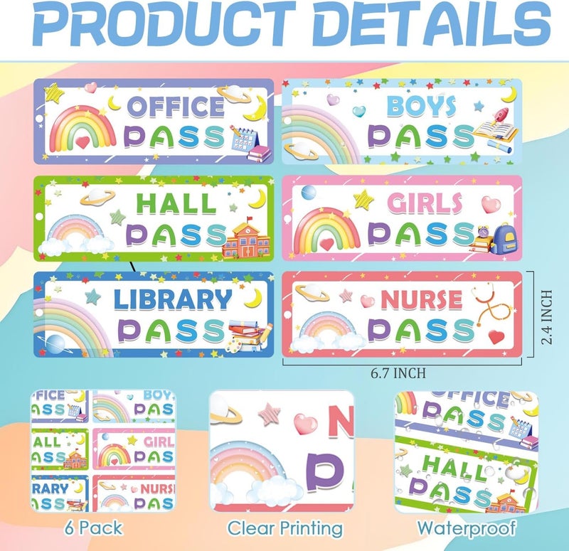 Well Tile 6pcs Rainbow Magnetic Hall Passes Classroom Must Haves Reusable Waterproof Pass Card Office Pass Library Pass Nurse Pass for Classrooms Elementary - Image 2